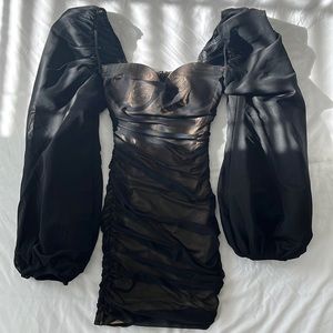 FEELING GOOD LONG PUFF SLEEVE RUCHED MESH MINI DRESS IN BLACK